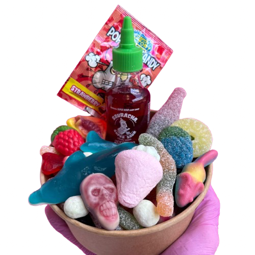 gluten free candy salad bowl + souracha + popping candy