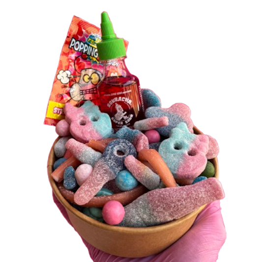 bubblegum candy salad bowl + souracha + popping candy
