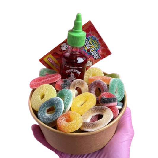 fizzy rings candy salad bowl + souracha + popping candy