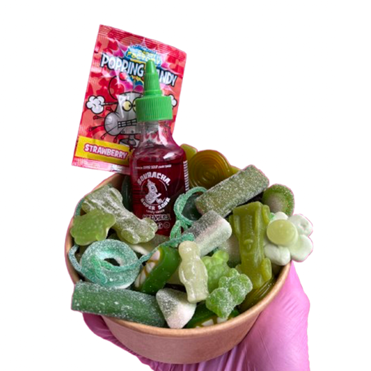 green candy salad bowl + souracha + popping candy