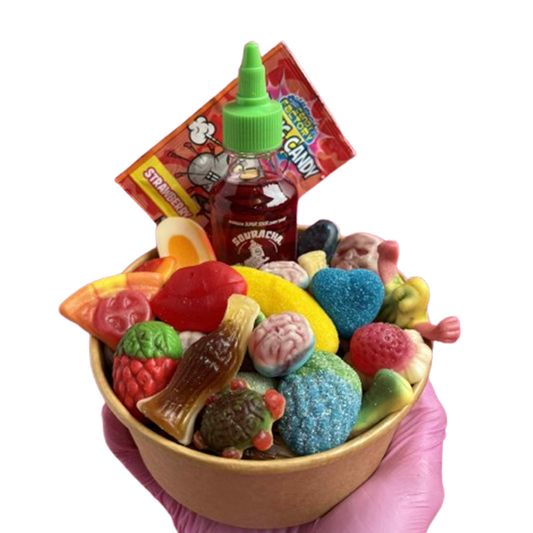 jelly filled candy salad bowl + souracha + popping candy