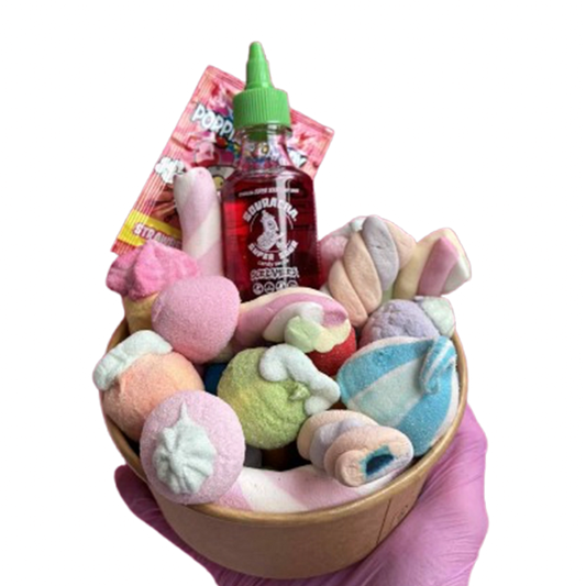 marshmallow candy salad bowl + souracha + popping candy