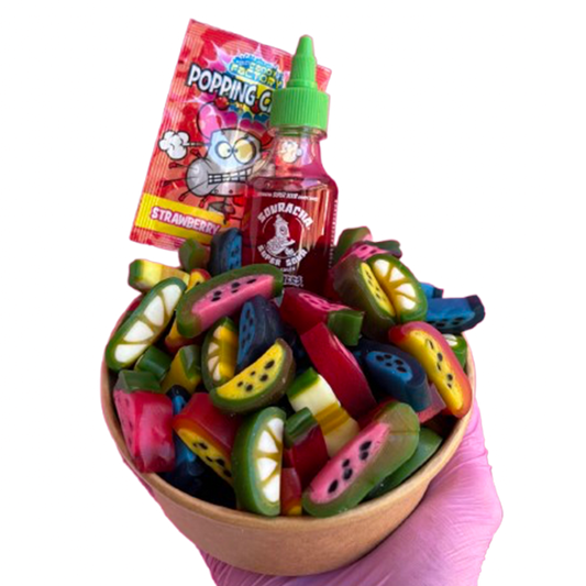 peelable candy salad bowl + souracha + popping candy