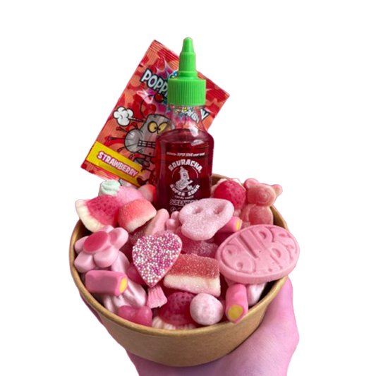 pink candy salad bowl + souracha + popping candy
