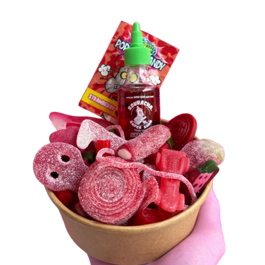 red candy salad bowl + souracha + popping candy