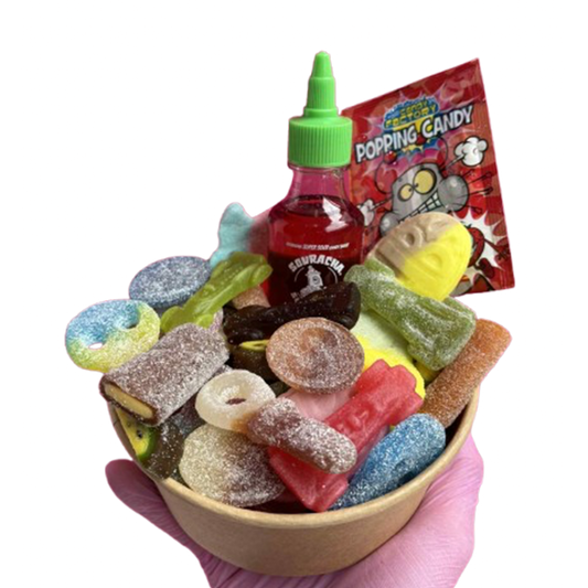 swedish candy salad bowl + souracha + popping candy