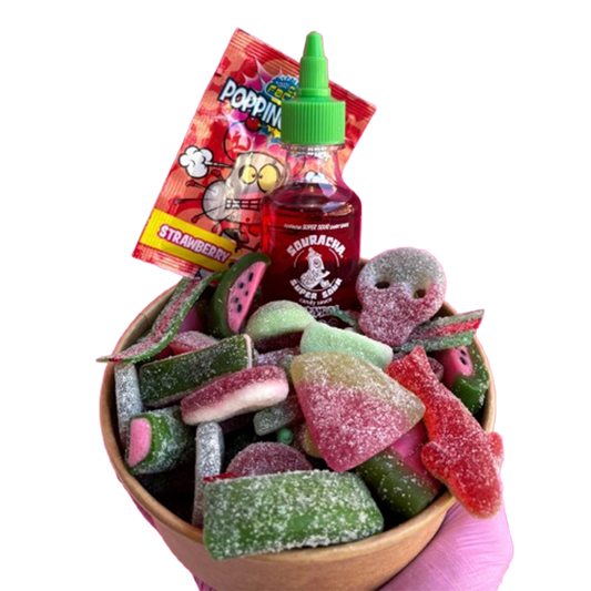 watermelon candy salad bowl + souracha + popping candy