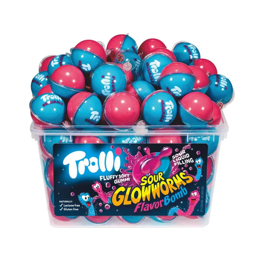 Clear plastic tub filled with blue and pink Trolli Sour Glowworms Flavor Bomb candies.