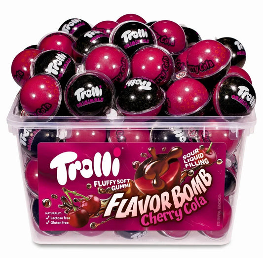 Trolli Flavor Bomb Cherry Cola fluffy soft gummi sweets in a clear plastic tub
