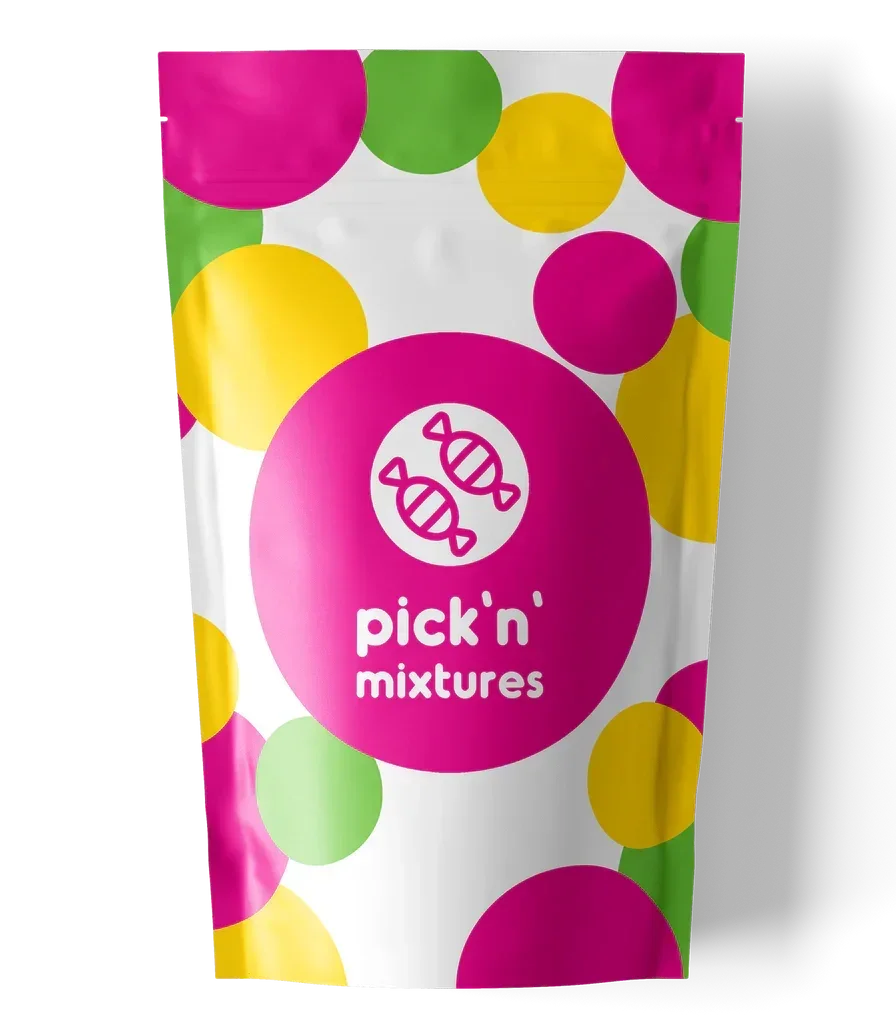 White pick 'n' mixtures sweet bag with colorful pink, yellow, and green polka dots.