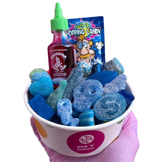 blue candy salad bowl with souracha and popping candy