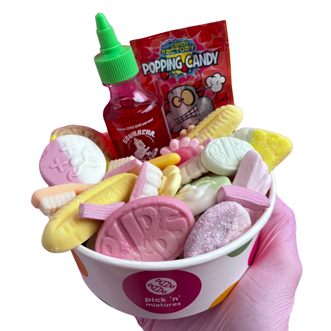 foamy candy salad bowl with souracha and popping candy