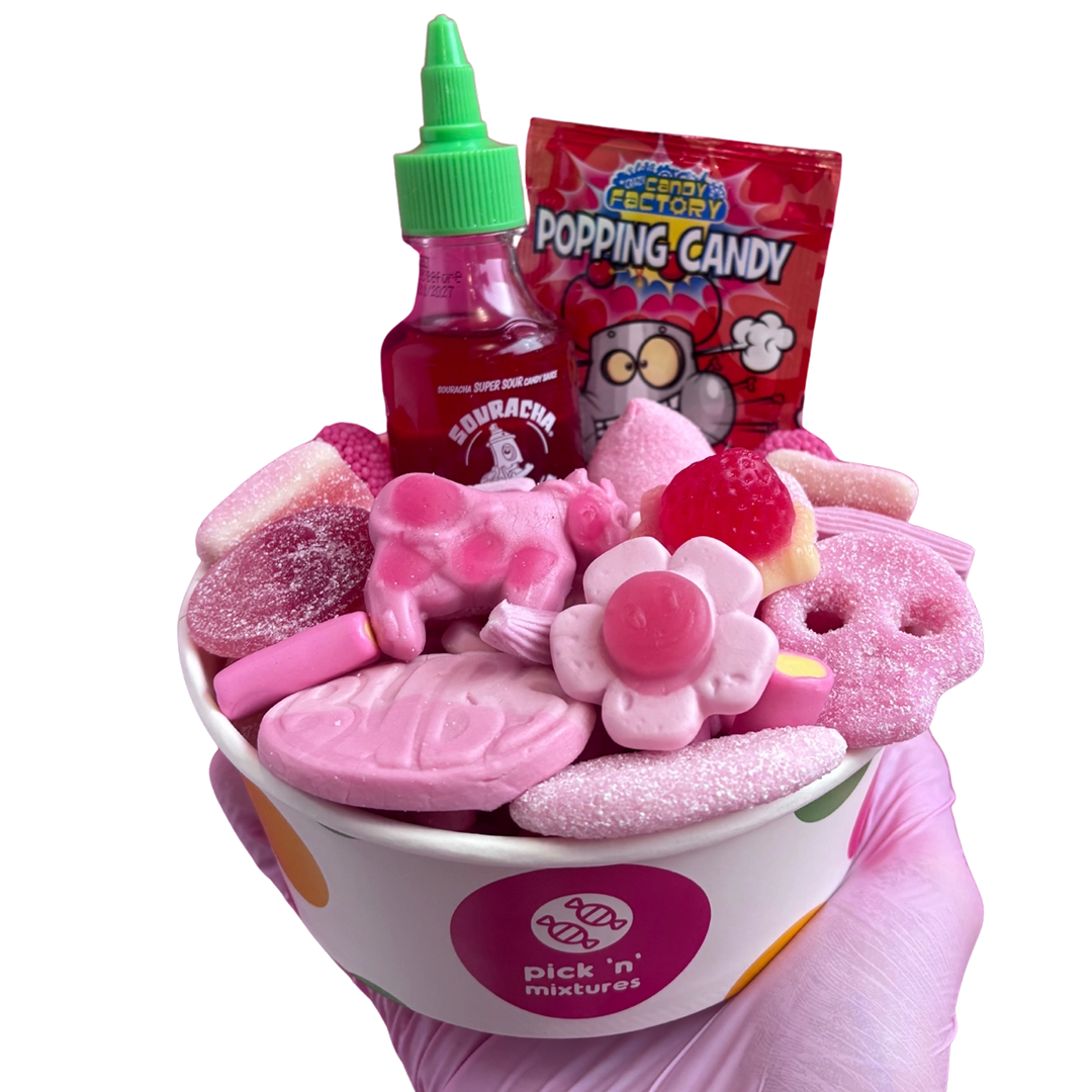 pink candy salad bowl with souracha and popping candy