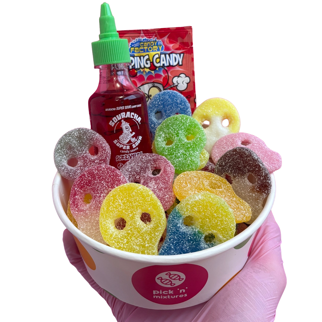 skulls candy salad bowl + souracha + popping candy