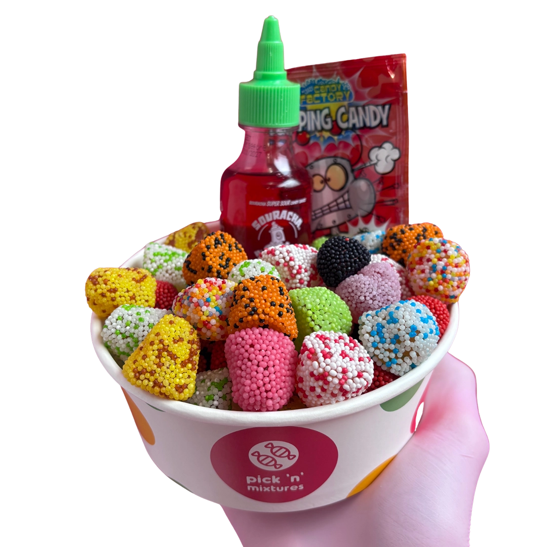 speckled berries candy salad bowl with souracha and popping candy