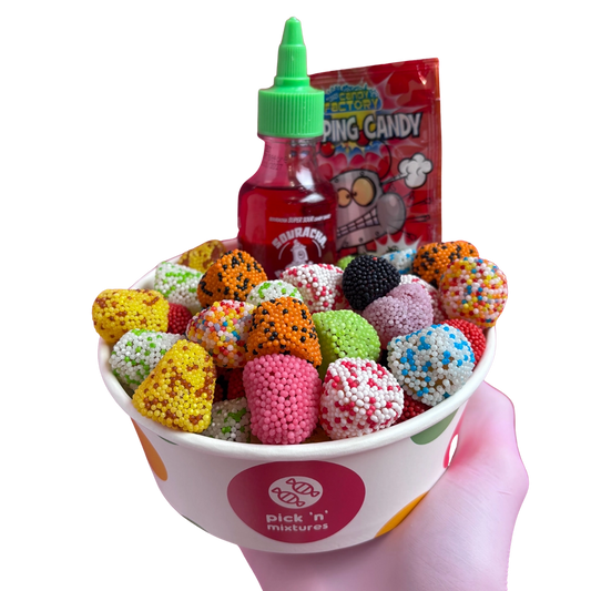 speckled berries candy salad bowl with souracha and popping candy