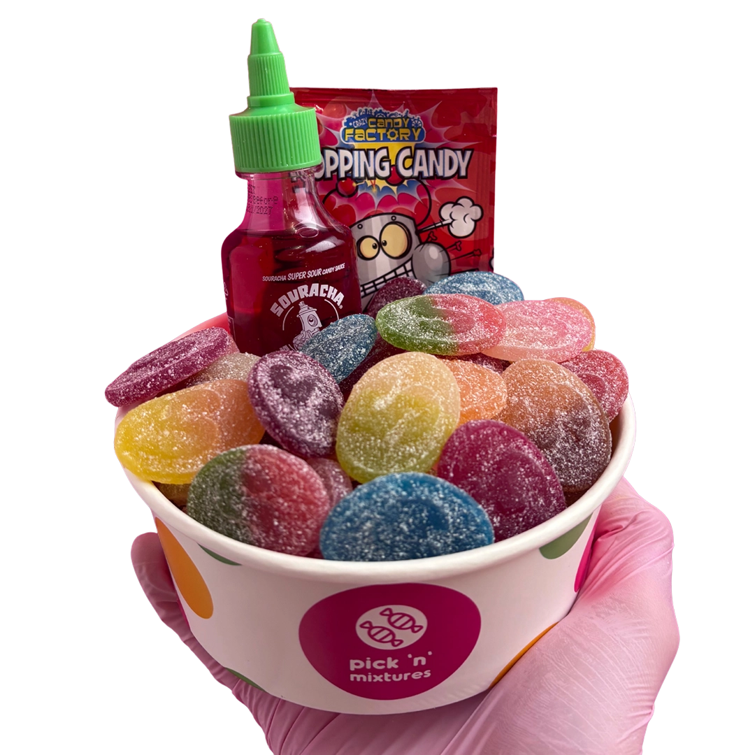 swedish ovals candy salad bowl with souracha and popping candy