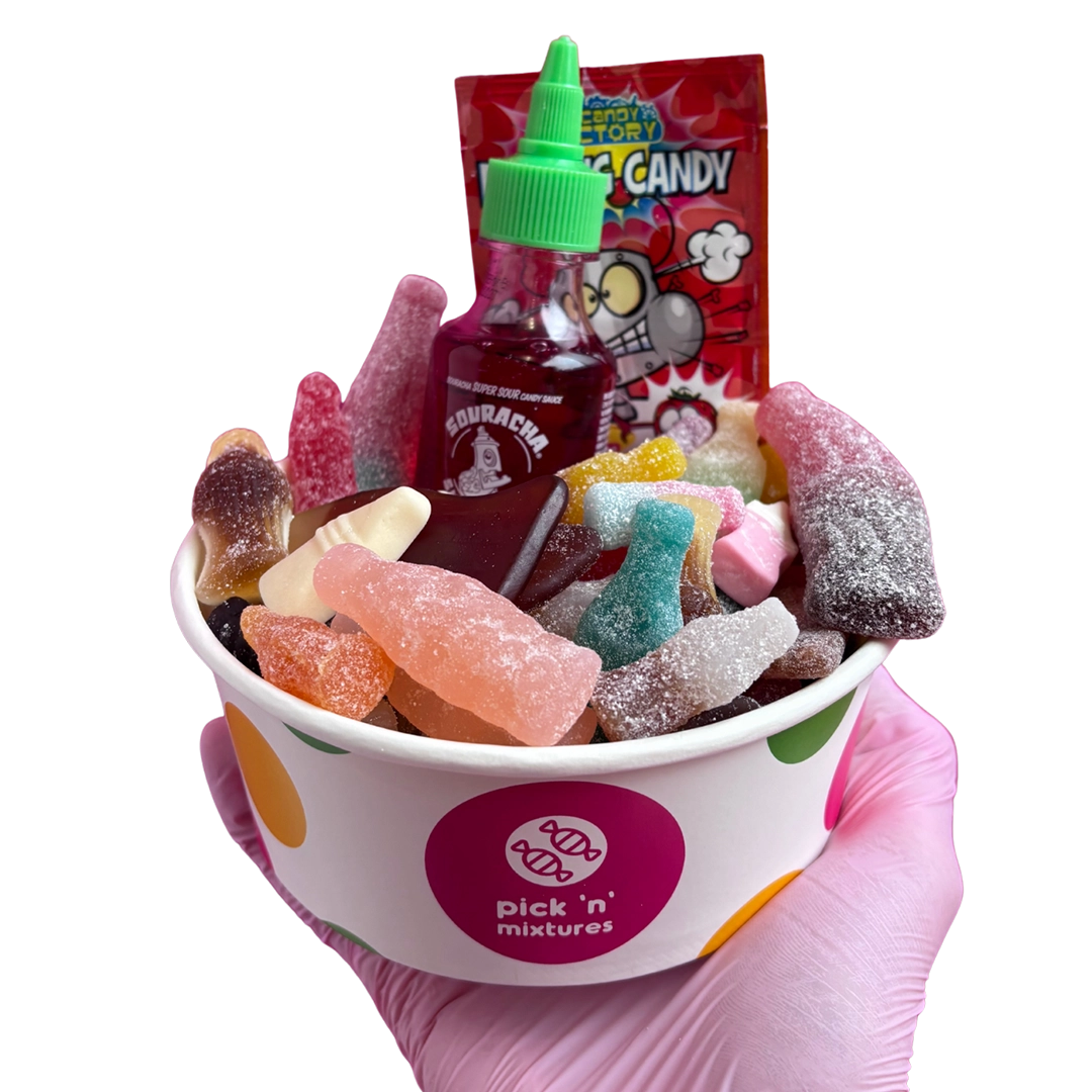 bottles candy salad bowl with souracha and popping candy