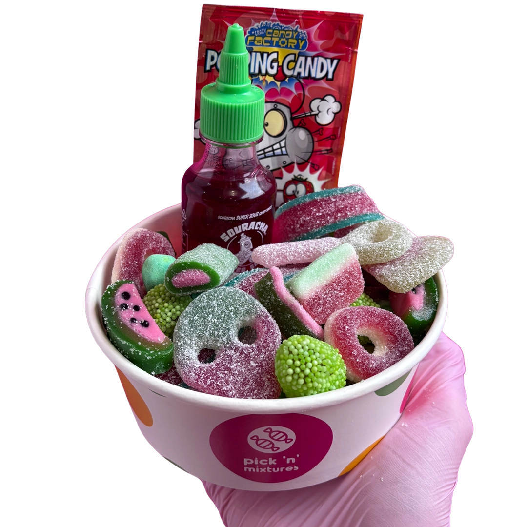 watermelon candy salad bowl + souracha + popping candy