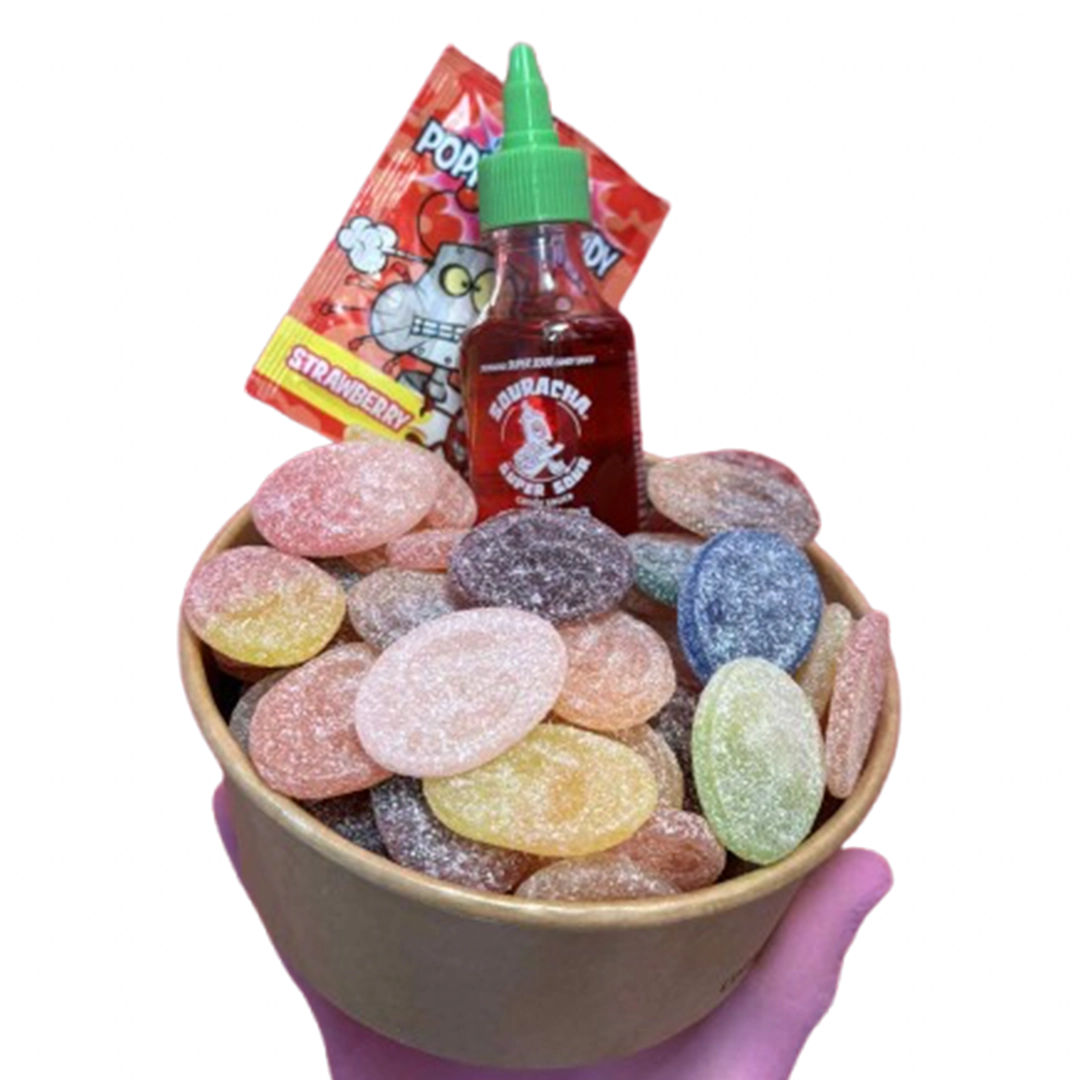 swedish ovals candy salad bowl + souracha + popping candy