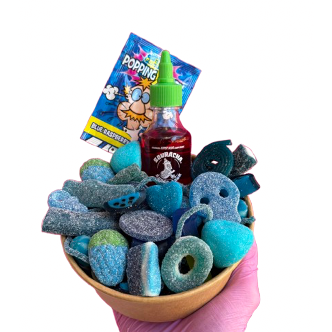 blue candy salad bowl + souracha + popping candy