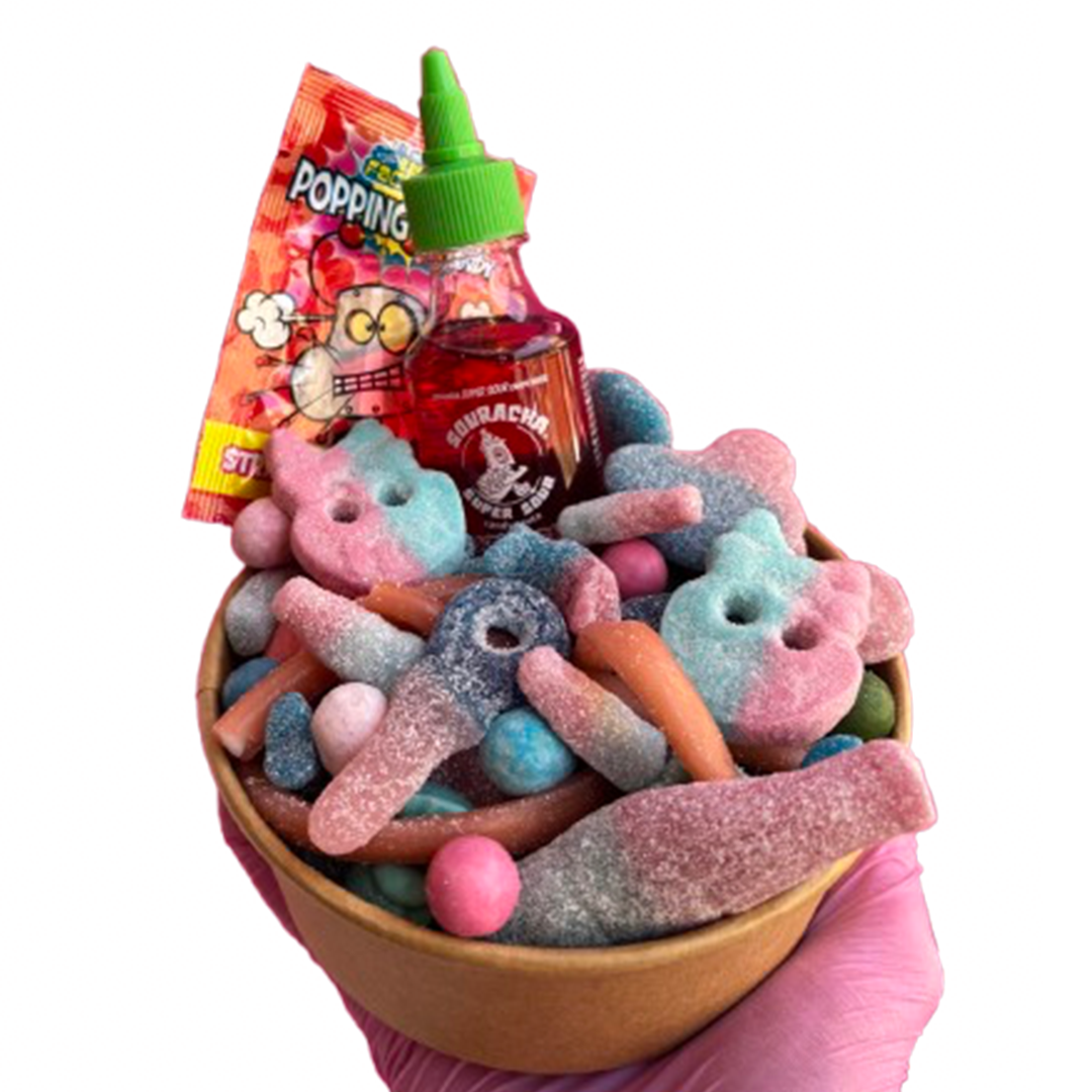 bubblegum candy salad bowl + souracha + popping candy