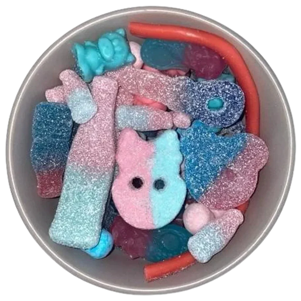 Assorted pink and blue sugar-coated gummy sweets in a grey bowl