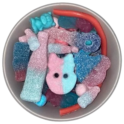 Assorted pink and blue sugar-coated gummy sweets in a grey bowl
