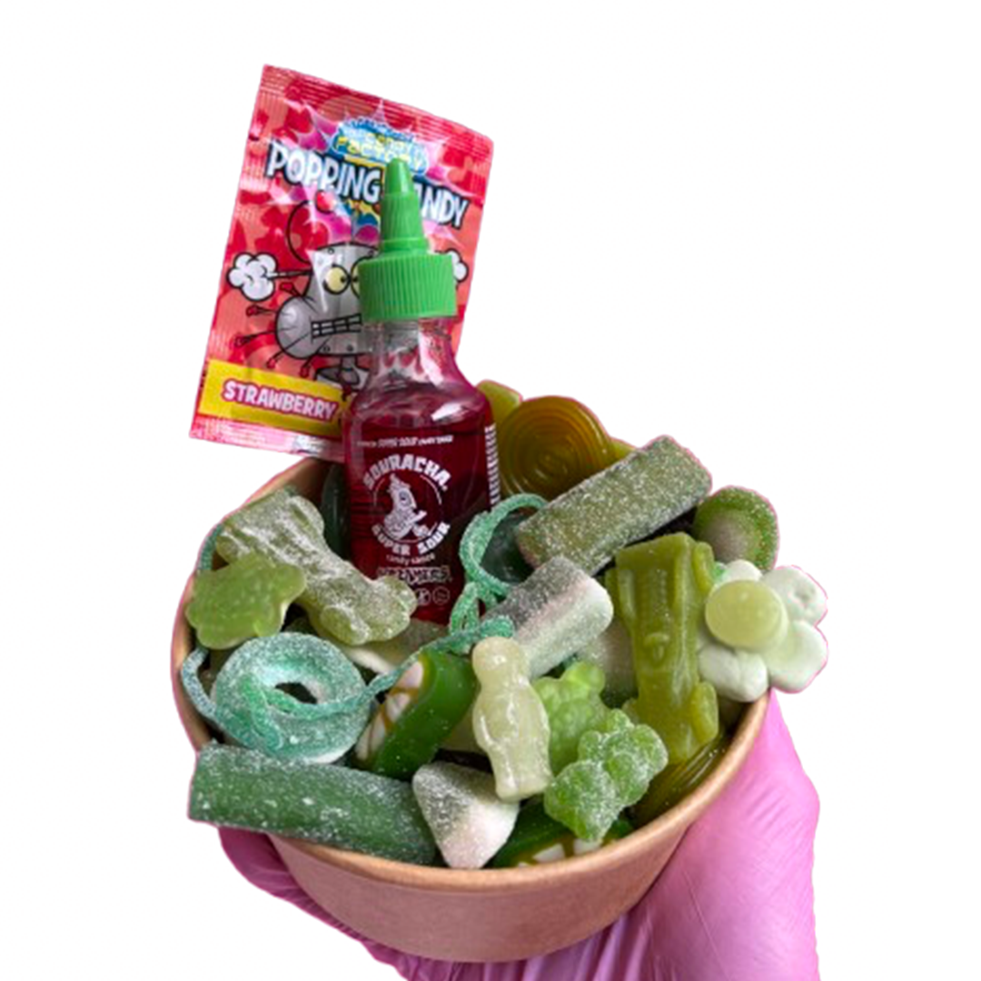 green candy salad bowl + souracha + popping candy