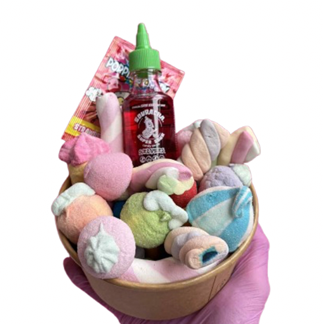 marshmallow candy salad bowl + souracha + popping candy