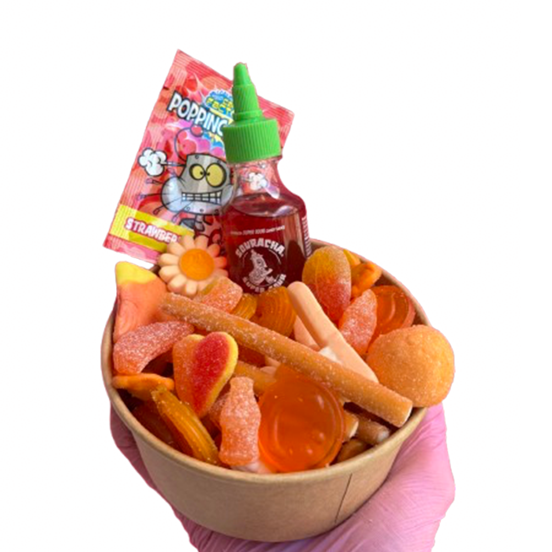 peach & orange candy salad bowl + souracha + popping candy