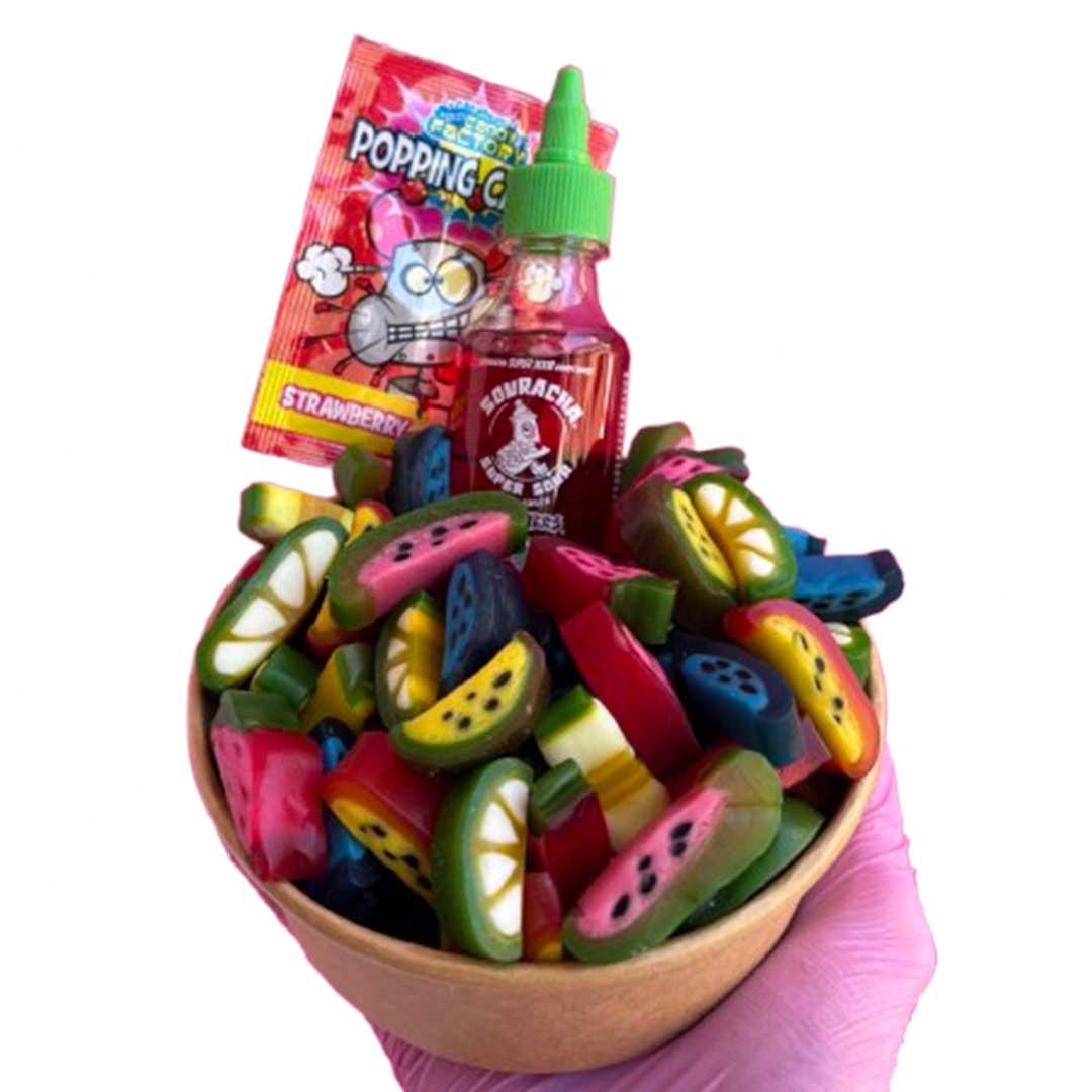 peelable candy salad bowl + souracha + popping candy