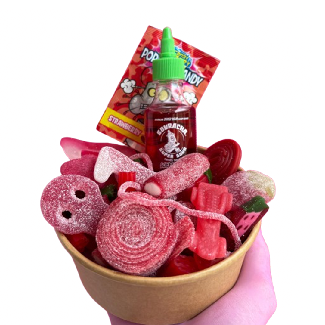 red candy salad bowl + souracha + popping candy