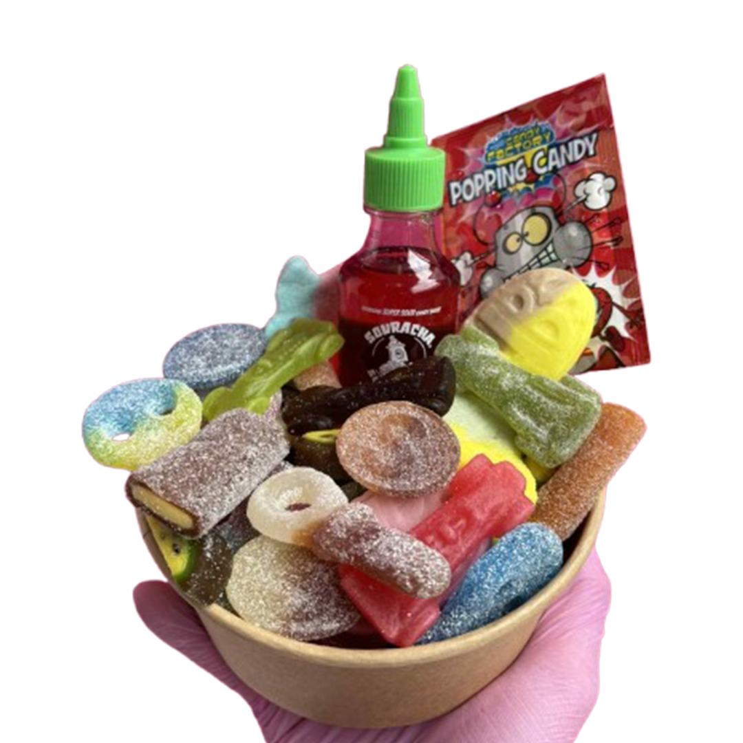 swedish candy salad bowl + souracha + popping candy
