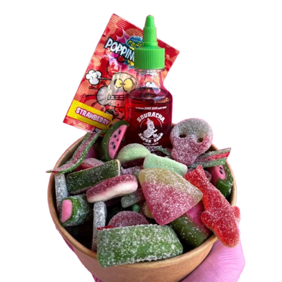 watermelon candy salad bowl + souracha + popping candy